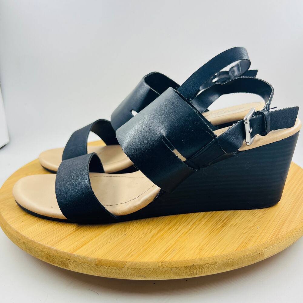 Dexflex Comfort Black Faux Leather Minimalist Wedge Sandals Size 9 Ankle Strap